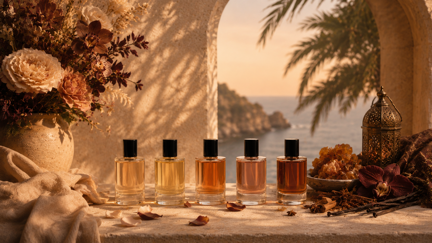 Sweet Oriental Duftwelt mit warmen Ambernoten, exotischen Blüten, orientalischen Gewürzen und goldener Abendstimmung in luxuriöser mediterraner Atmosphäre