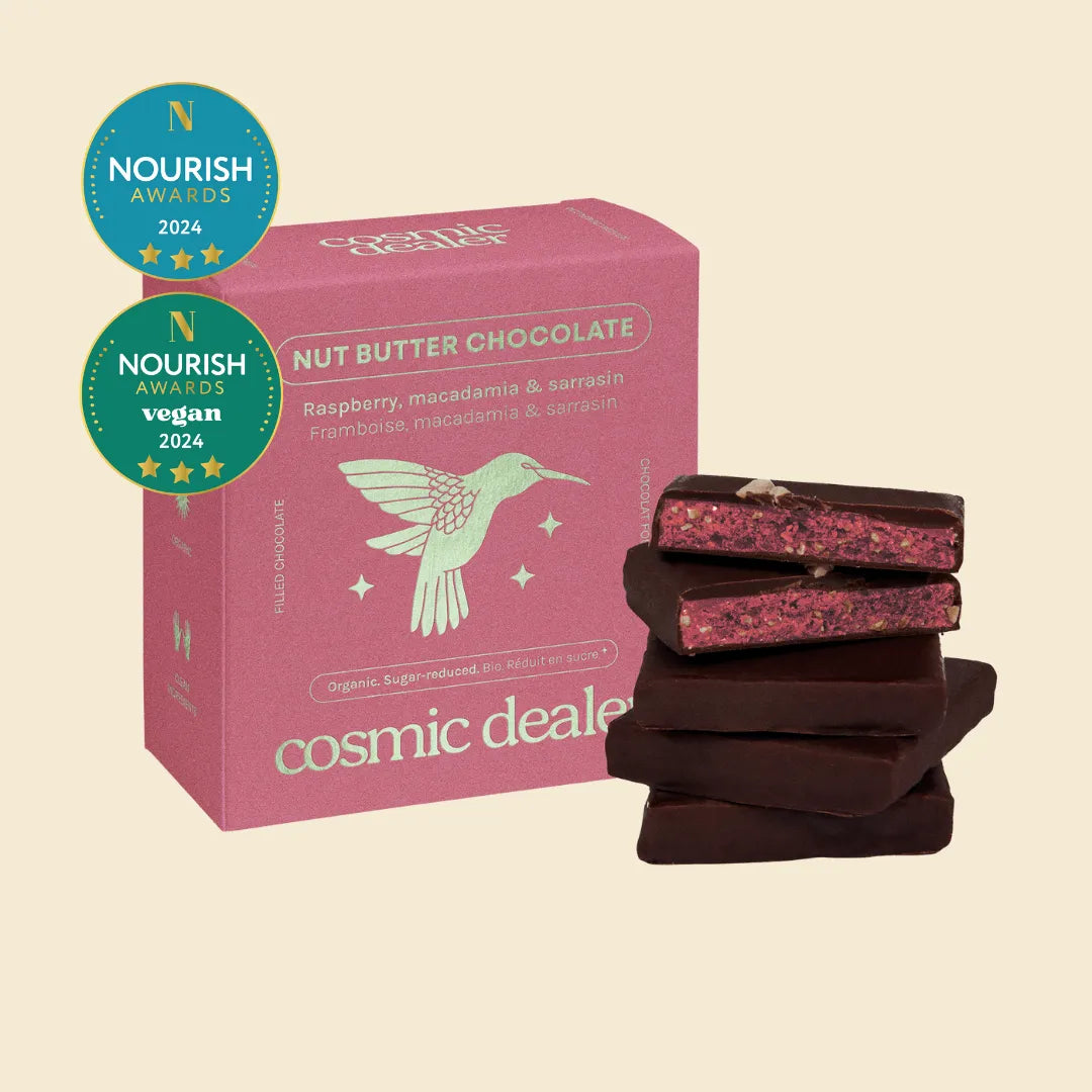 COSMIC DEALER Raspberry & Macadamia 4er Box mit dunkler Bio-Schokolade