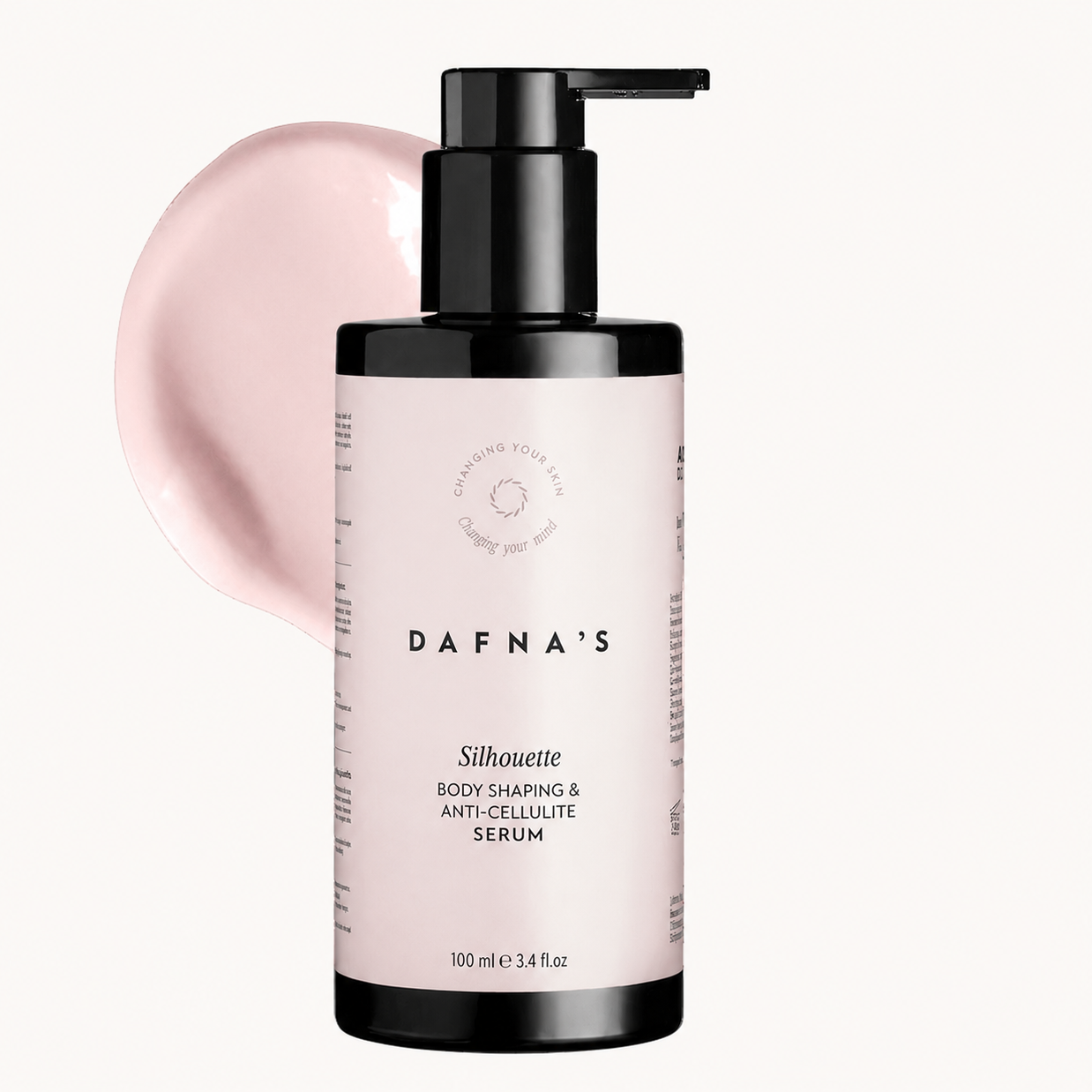 Dafna´s Silhouette Serum vor weißem Hintergrund, daneben Produktprobe.
