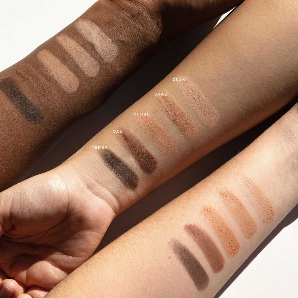 Swatches der matten Lidschatten Dusk, Sand, Ochre, Oak und Terra von Ere Perez auf drei Hauttönen
