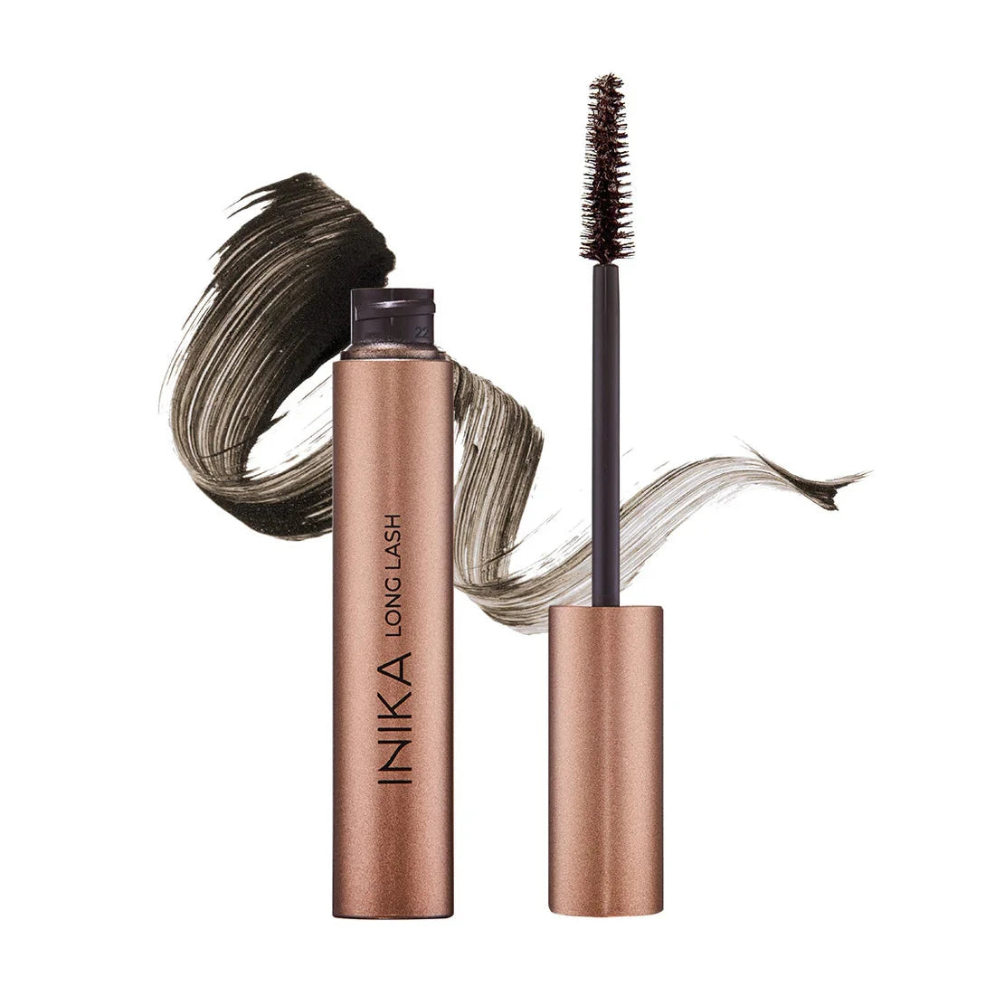 INIKA Long Lash Mascara braun, geöffnet mit Farbprobe.