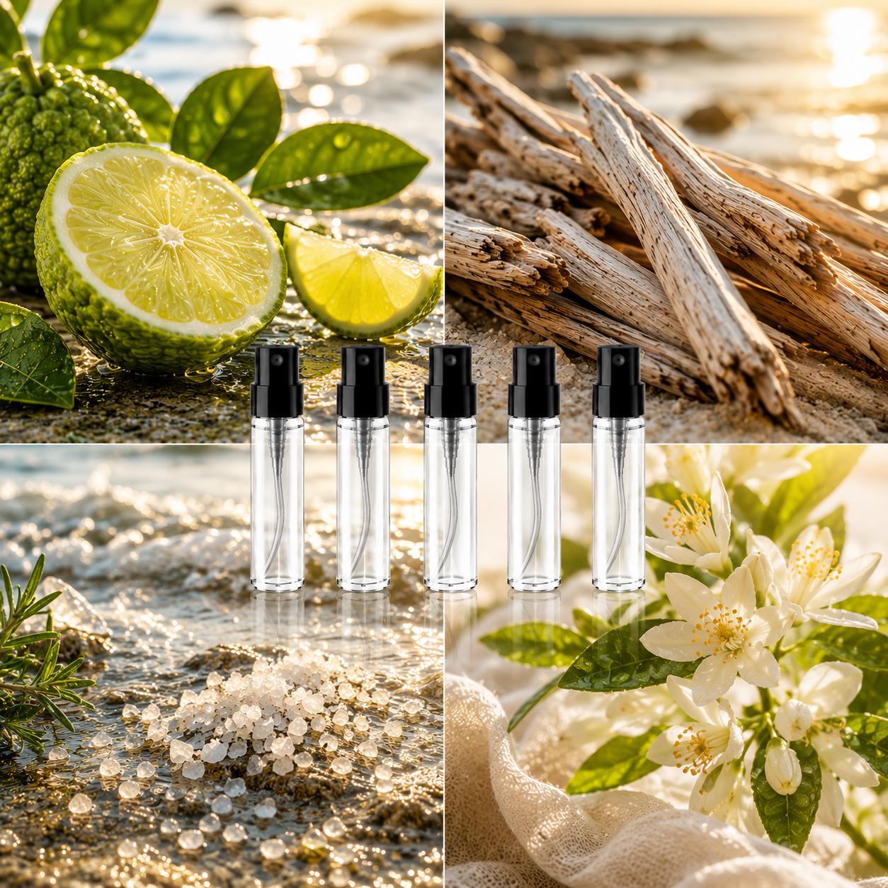 Sonnige Duftcollage für das Solar Haze Discovery Set mit Zitrusfrüchten, sonnengebleichtem Treibholz, Meersalz, weißen Blüten und fünf minimalistischen Parfum-Sprühflaschen im mediterranen Luxusstil.