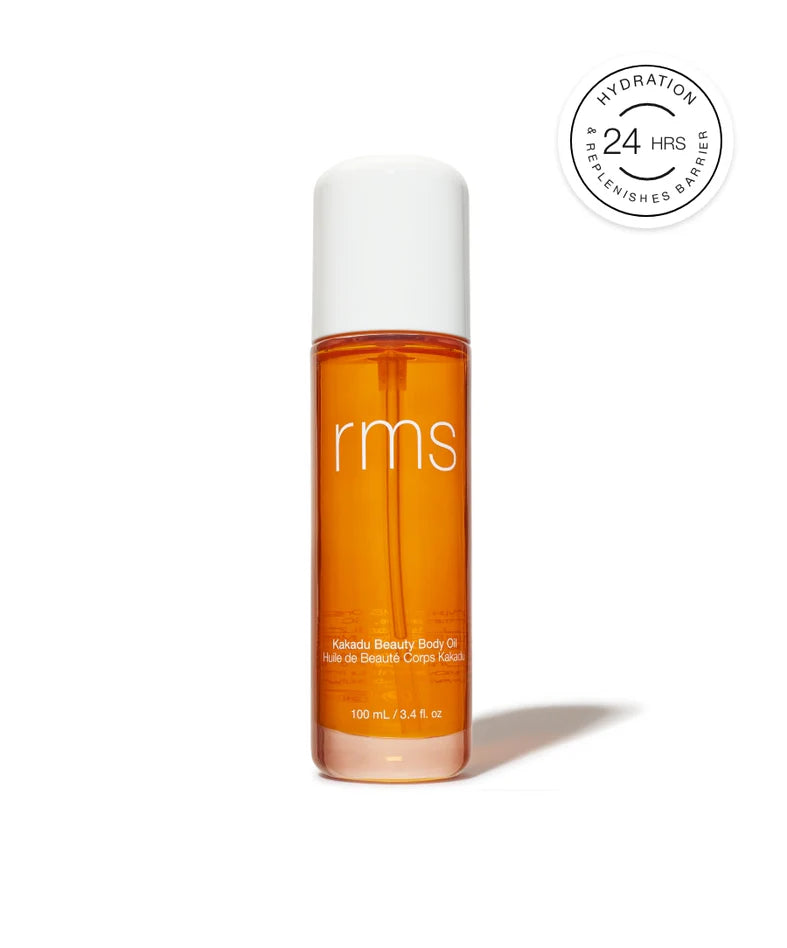 RMS Beauty Kakadu Beauty Body Oil in Glasflasche zum Pumpen.