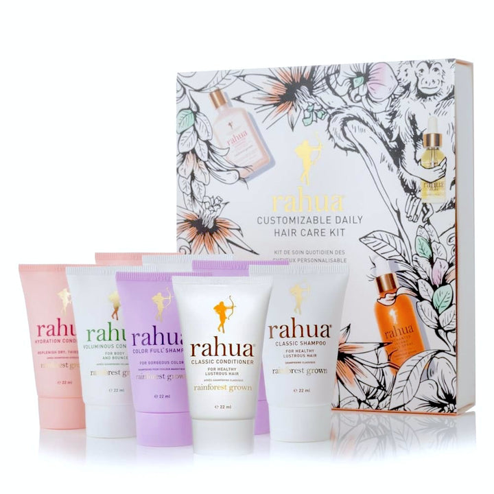 Customizable Daily Hair Care Set Verpackung mit 6 verschiedenen Rahua Produkten in Travel Size Format.