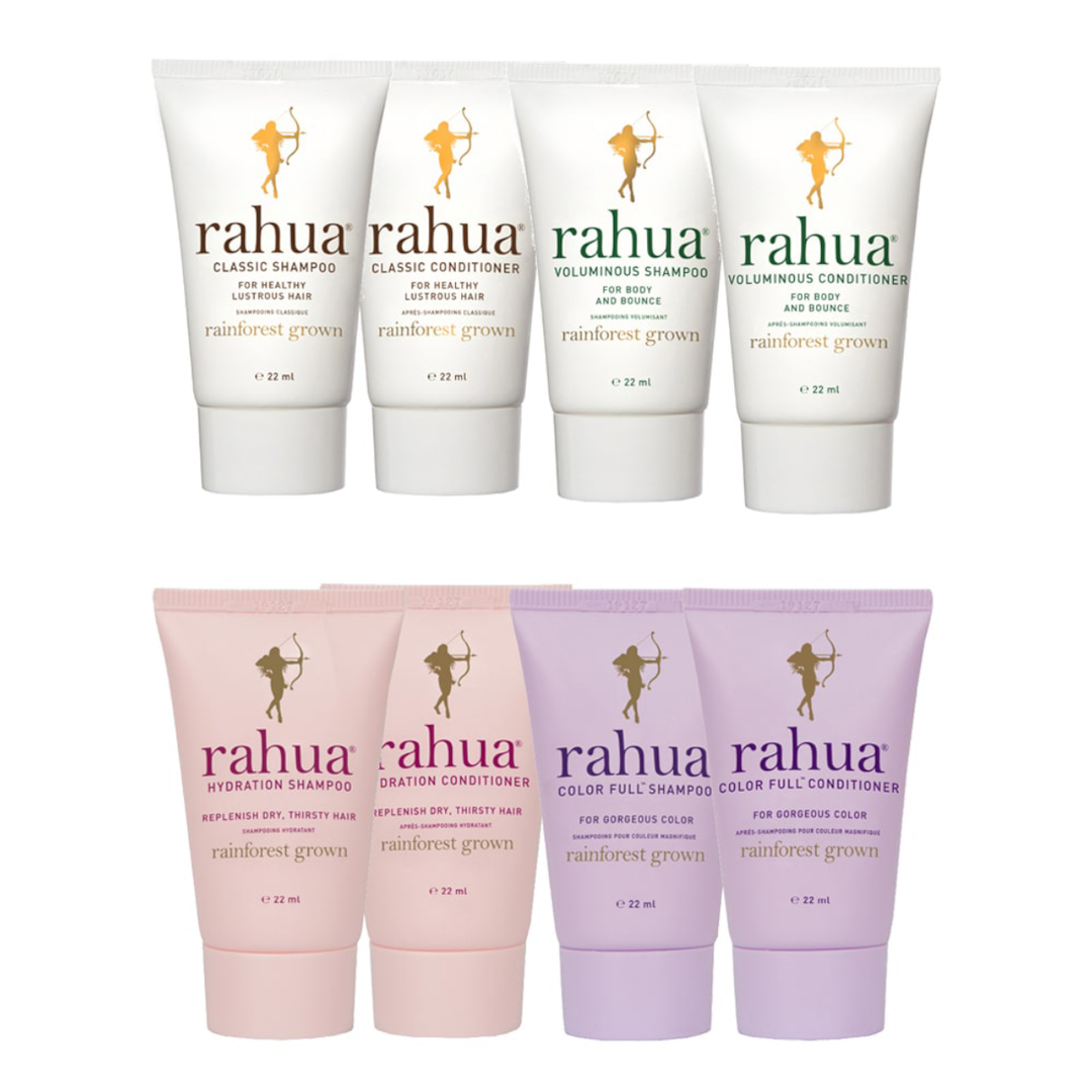 6 verschiedenen Rahua Produkten in Travel Size Format. North Glow