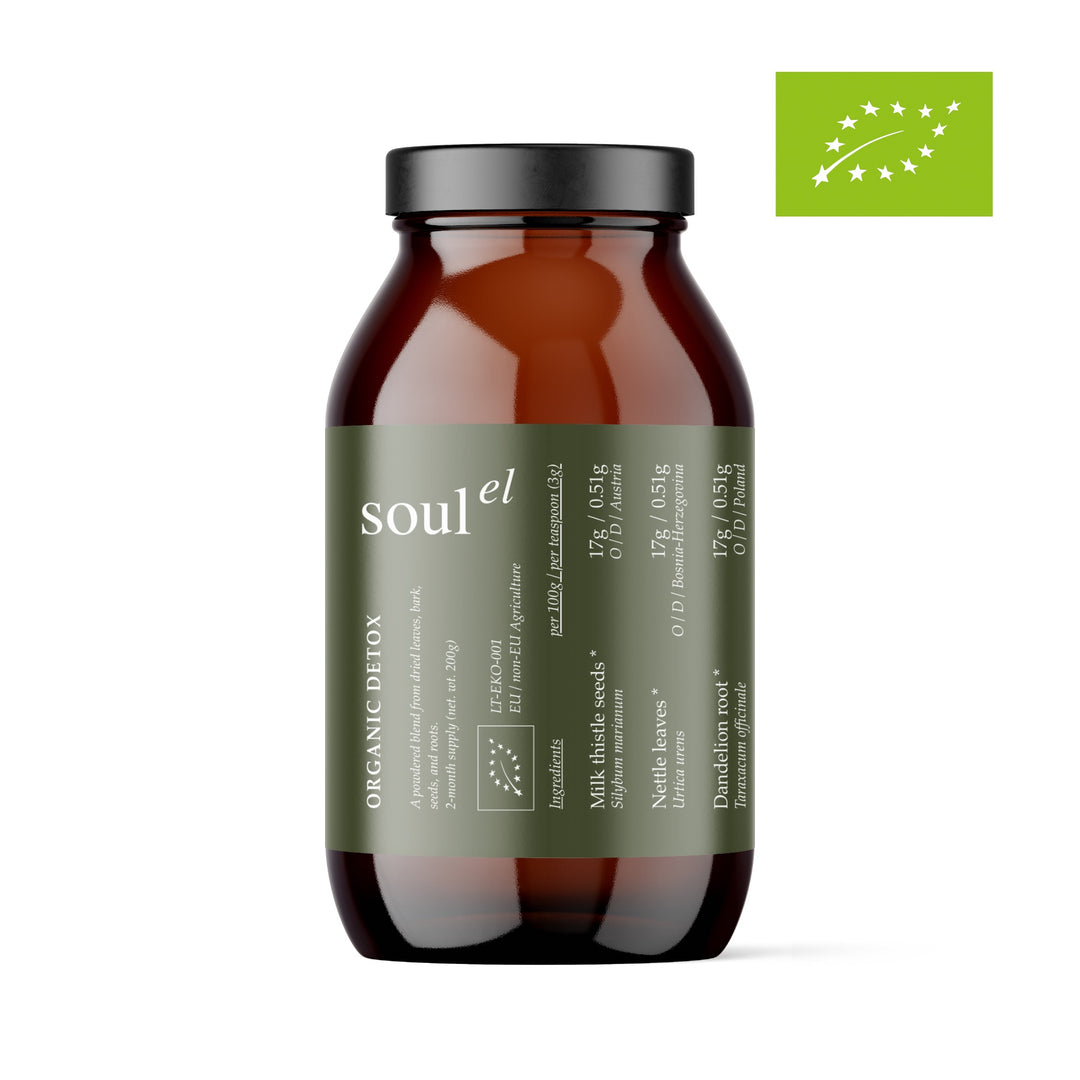 Soulel Organic Detox Gefäß vor weißem Hintergrund. North Glow
