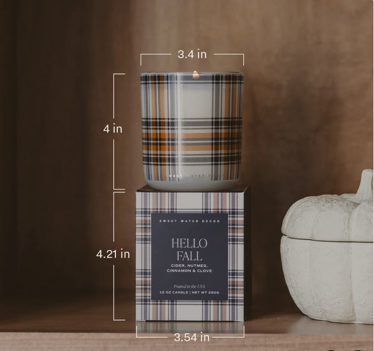 Hello Fall - Duftkerze mit Karomuster – Cider, Zimt, Nelke & Muskatnuss
