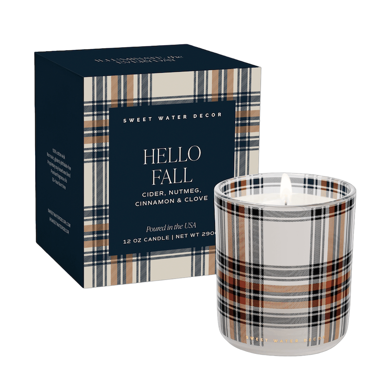 Hello Fall - Duftkerze mit Karomuster – Cider, Zimt, Nelke & Muskatnuss