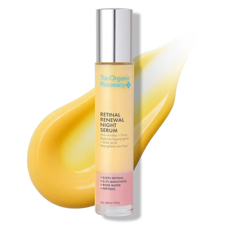 Retninal Renewal Night Serum von The Organic Pharmacy mit Texturprobe vor weißem Hintergrund.
