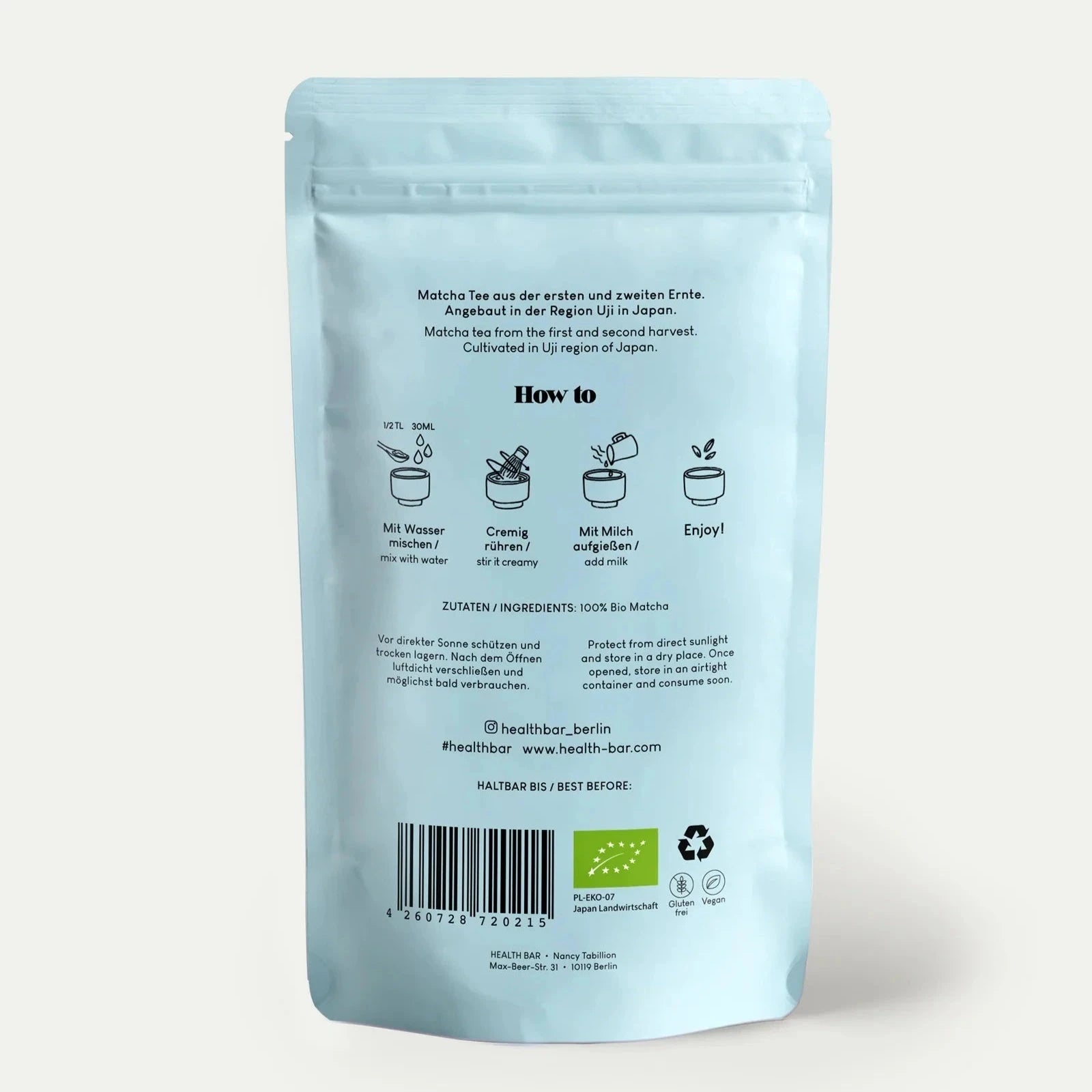 Rückseite Verpackung HEALTH BAR Bio Matcha Traditional.