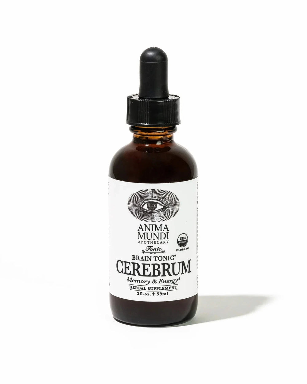 Anima Mundi Cerebrum Pipettenglasflasche steht vor weißem Hintergrund.
