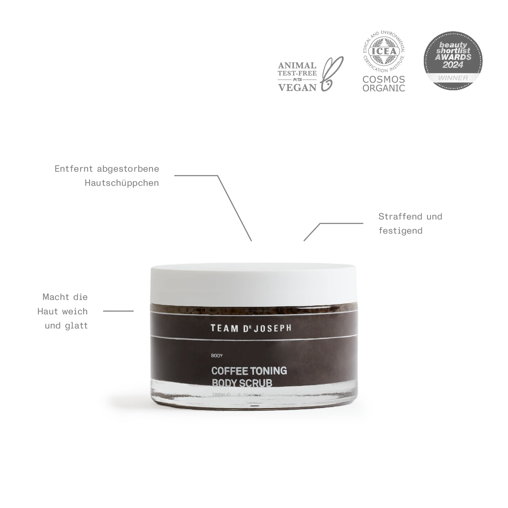 Glastiegel mit weißem Deckel und schwarzem Peeling-Inhalt - Coffee Toning Body Scrub von Team Dr Joseph