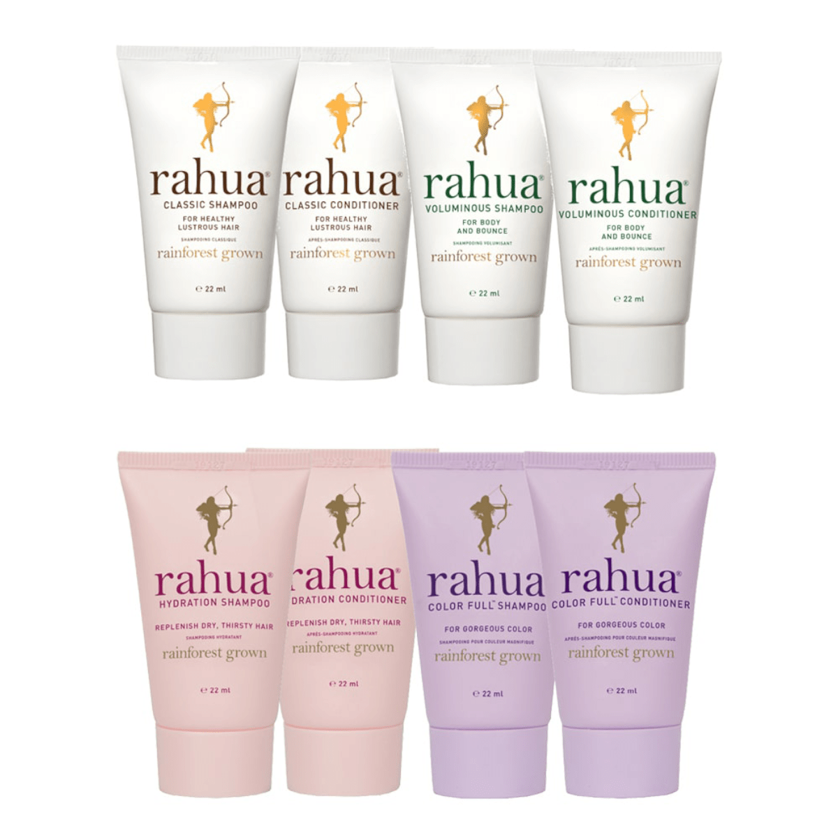 6 verschiedenen Rahua Produkten in Travel Size Format.
