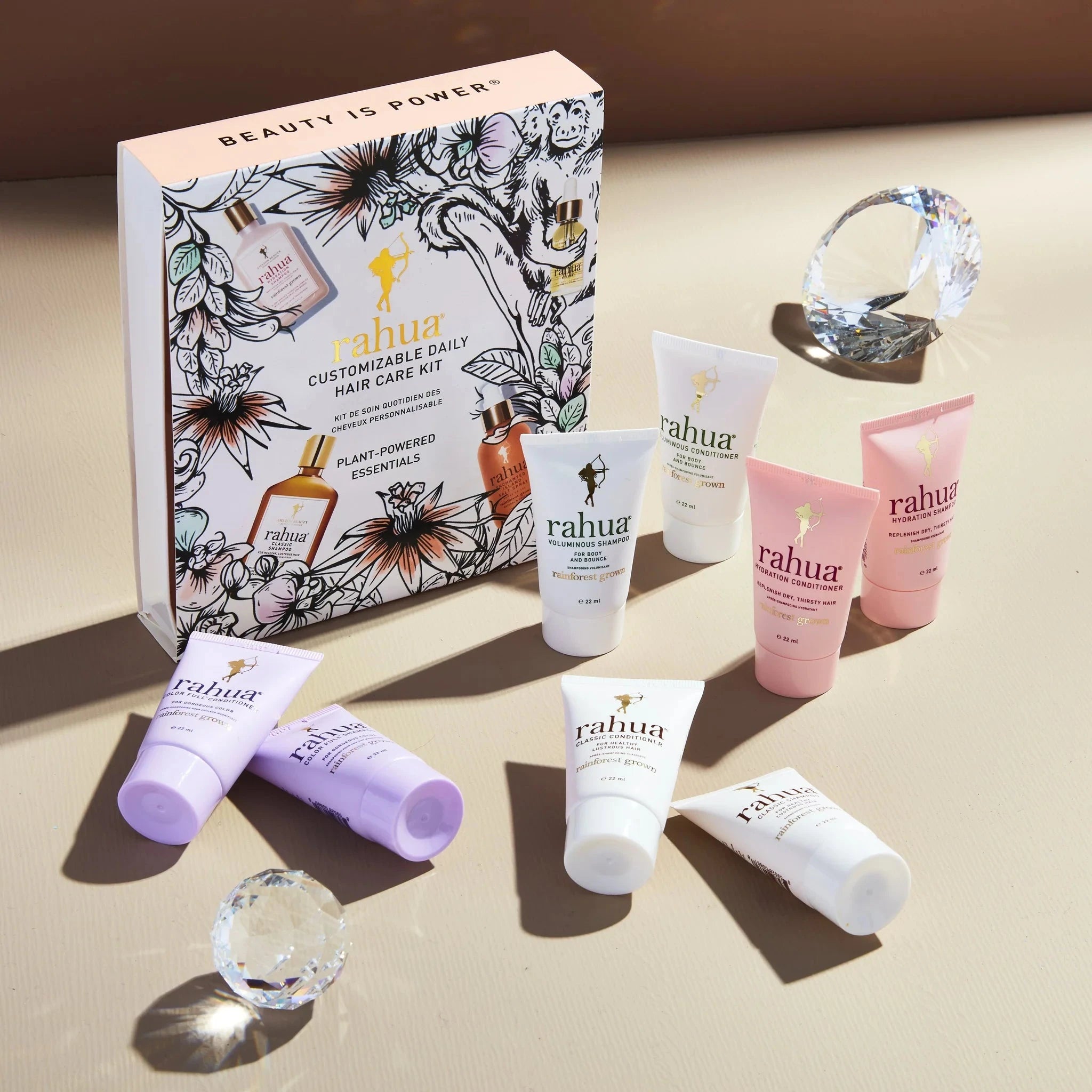 Customizable Daily Hair Care Set Verpackung mit 6 verschiedenen Rahua Produkten in Travel Size Format.