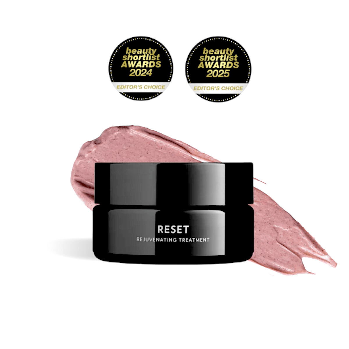 DAFNA'S RESET Rejuvenating Treatment im schwarzen Tiegel vor rosafarbener Produkttextur.