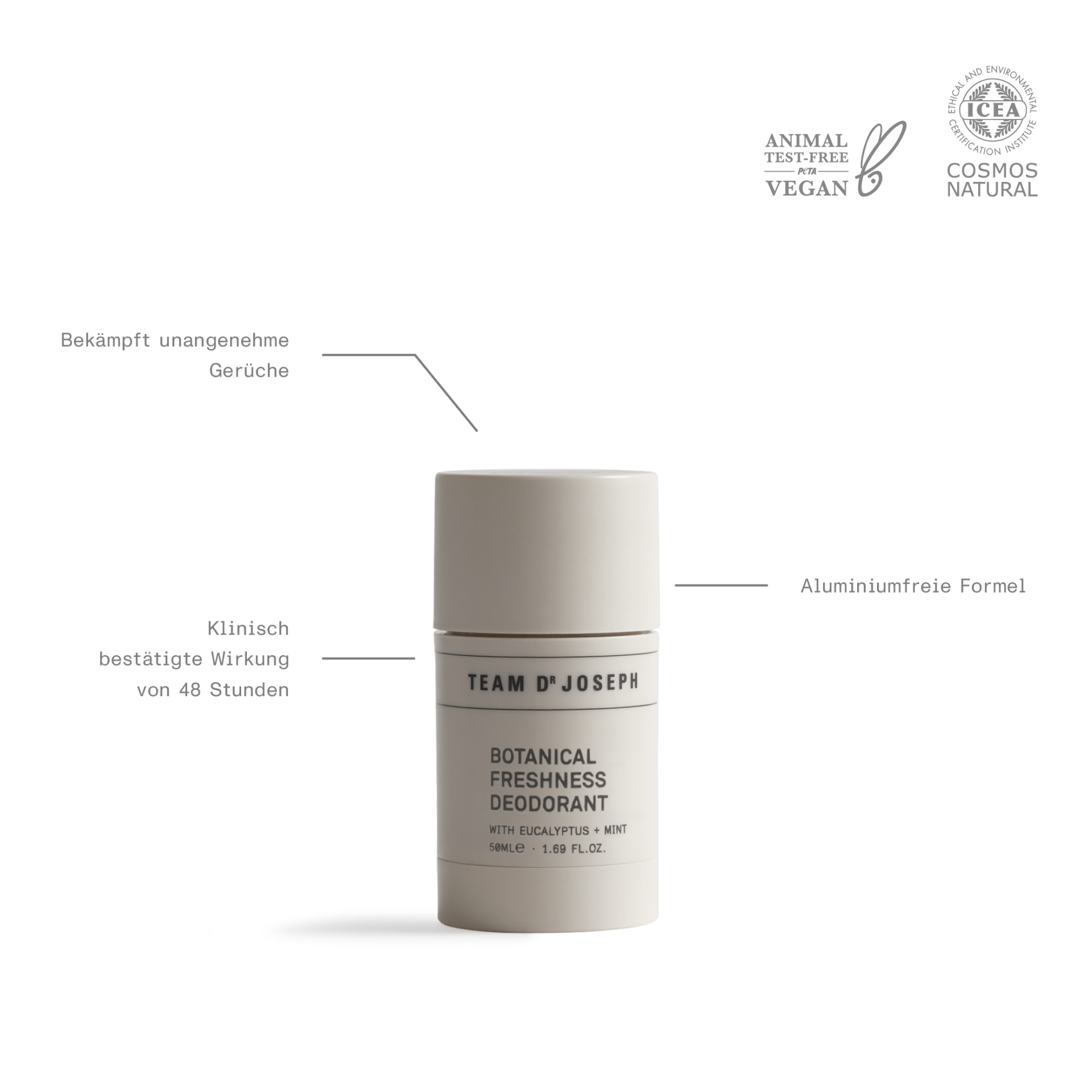 Team Dr Joseph Daily Comfort Deodorant – beigefarbener Deoroller schwarzem Aufdruck, auf weißem Hintergrund