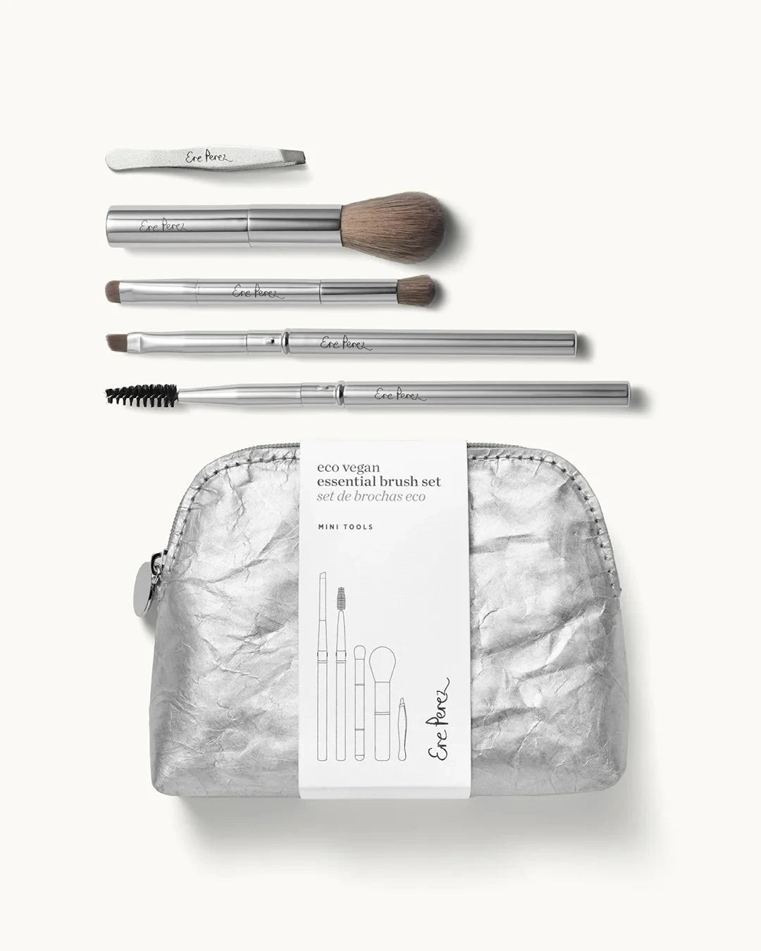 Eco Vegan Essential Brush Set von Ere Perez mit silberner Kosmetiktasche