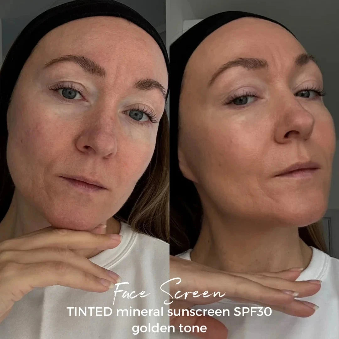 Le Beach Face Screen SPF30+ Tinted auf Gesicht aufgetragen – natürlicher Schutz und Glow