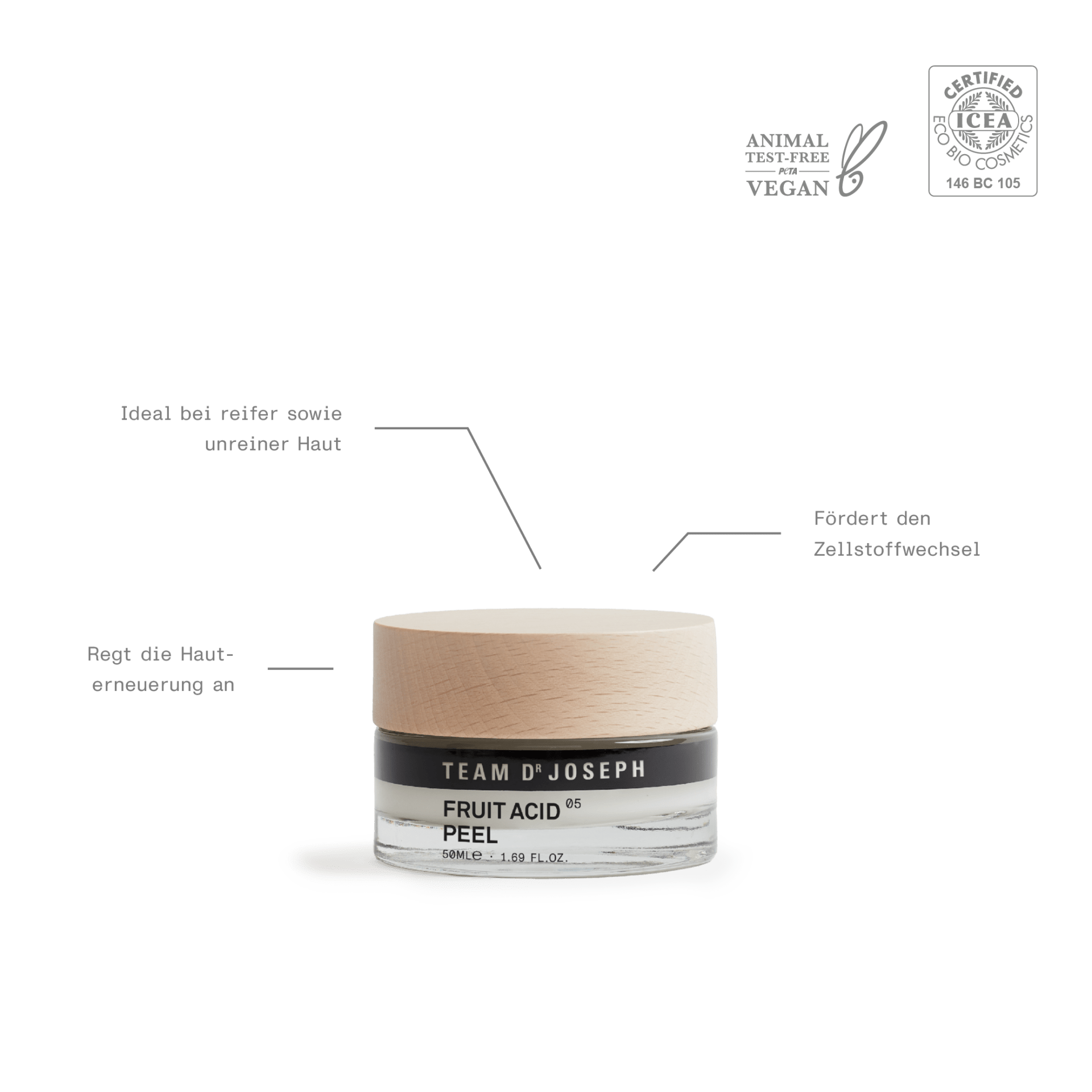 Fruit Acid Peel von TEAM DR JOSEPH – Peeling-Creme im hochwertigen Kosmetiktiegel auf weißem Hintergrund
