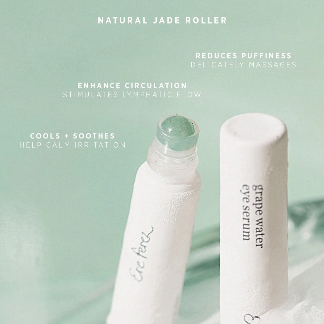 Grape Water Eye Serum von Ere Perez mit kühlendem Jade-Roller-Applikator mit Beschreibung der Vorteile.