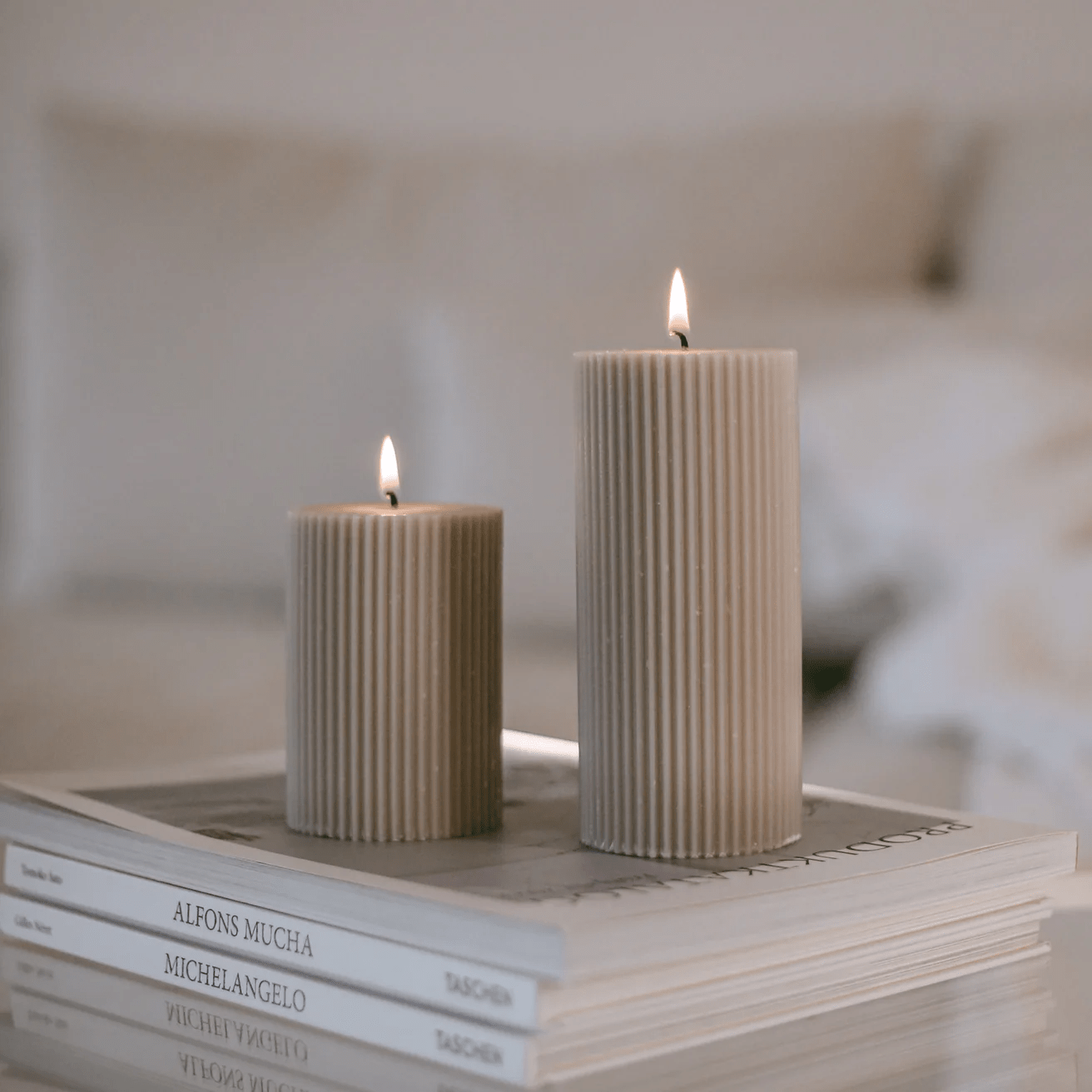 Grey block candles made of rapeseed wax with grooves - grey beige