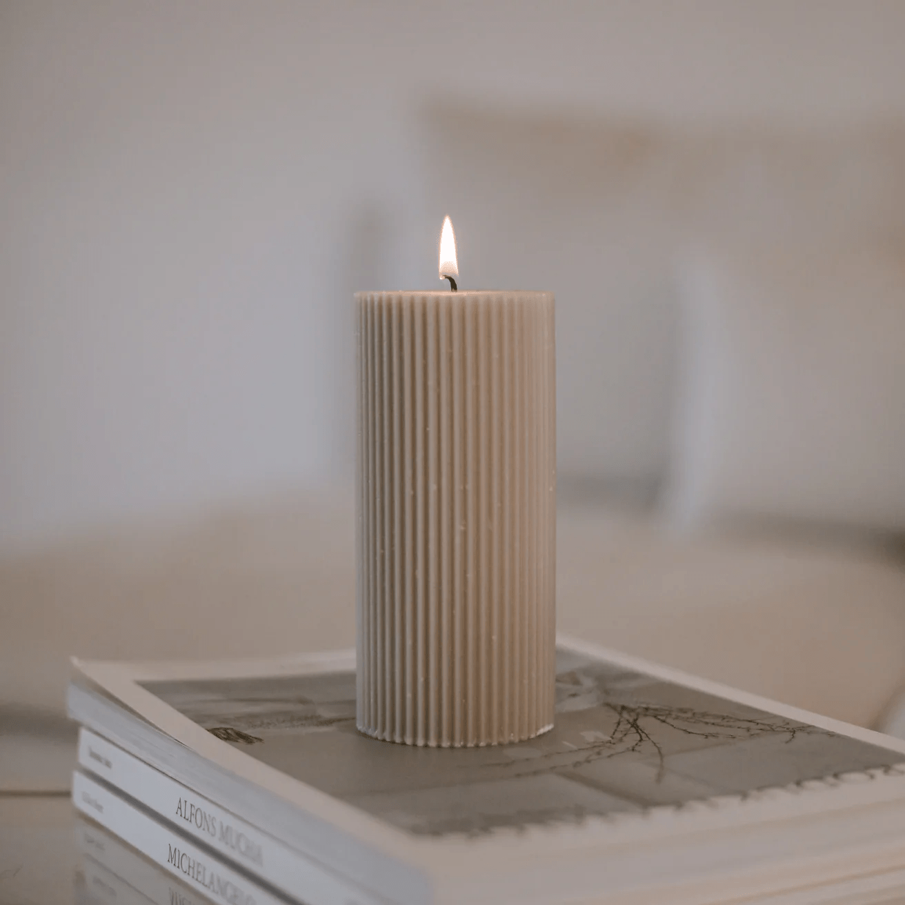 Grey block candles made of rapeseed wax with grooves - grey beige