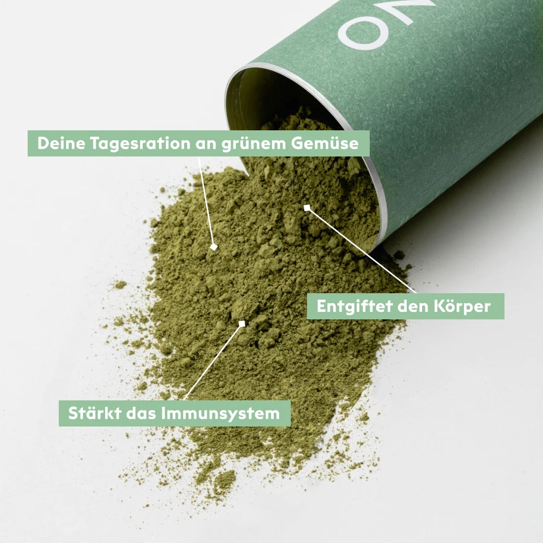 Offene KIANO Green Boos Dose, Pulver fällt raus, Beschreibung Tagesration an grünem Gemüse, entgiftet den Körper und stärkt das Immunsystem