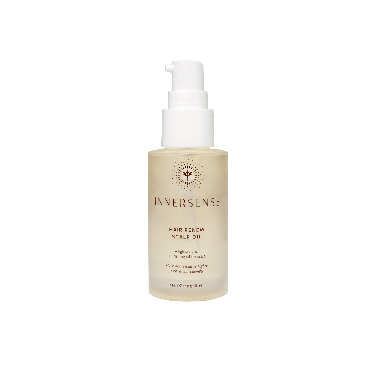 Innersense Hair Renew Scalp Oil Flasche steht vor weißem Hintergrund.