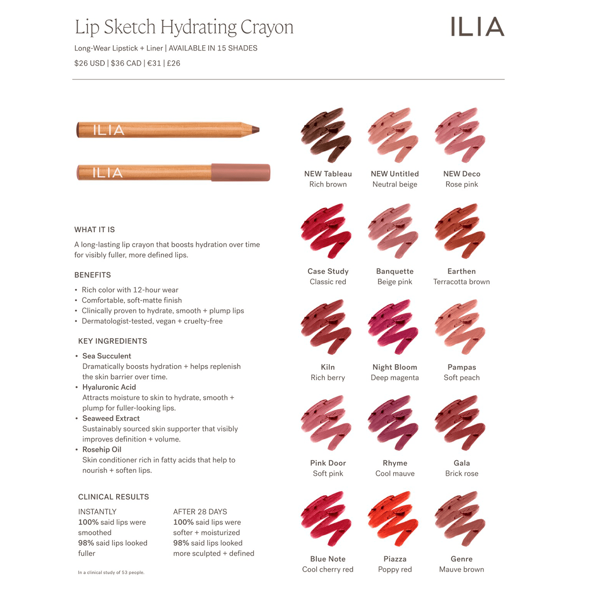 ILIA Lip Sketch Hydrating Crayon - NEUE FARBEN