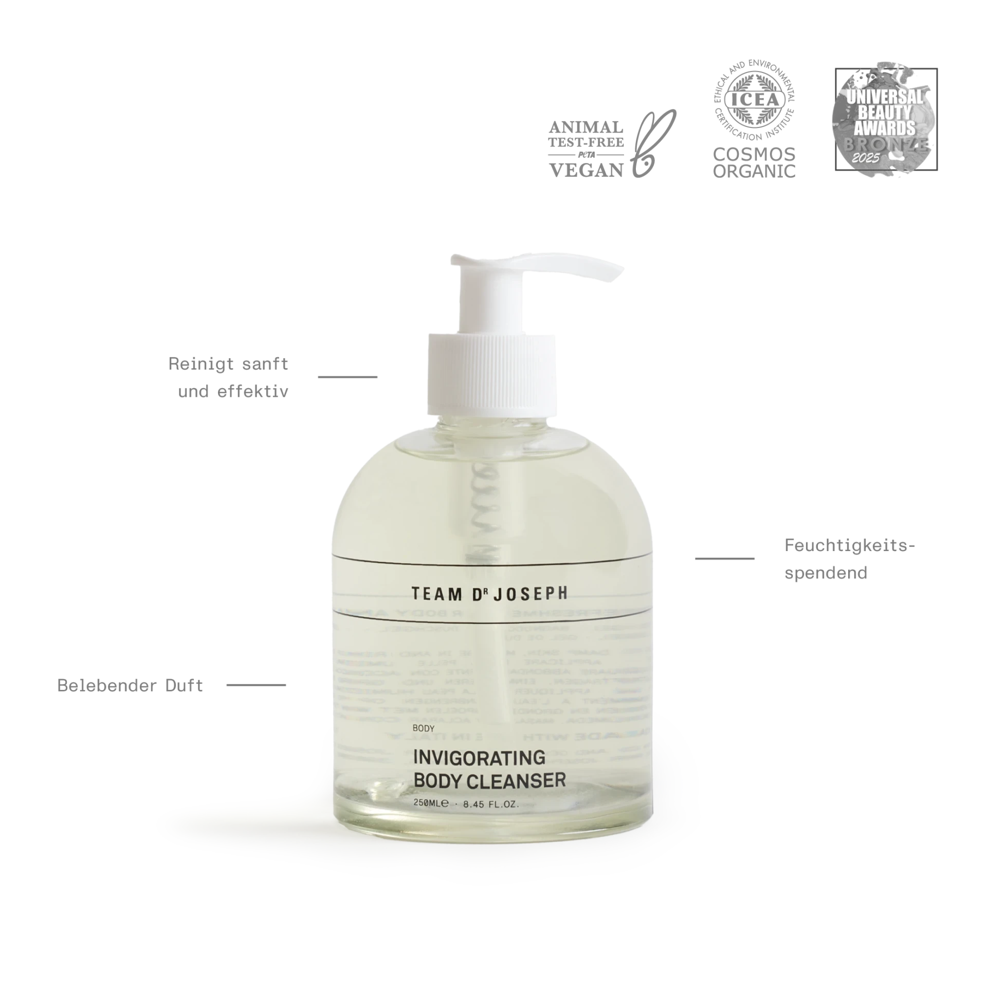 Ausgezeichnete Naturkosmetik: TEAM DR JOSEPH Invigorating Body Cleanser mit Award-Icons für Wirksamkeit und Nachhaltigkeit.