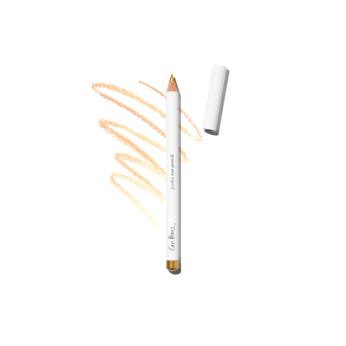 Offener Jojoba Eye Pencil ORO von Ere Perez mit Farbbeispiel vor weißem Hintergrund.