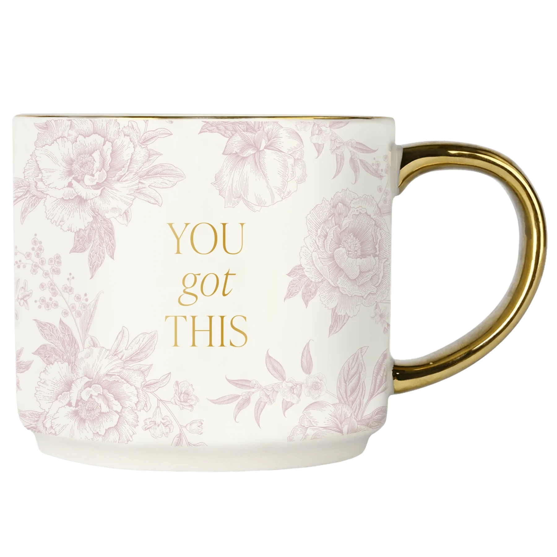 Tasse mit rosa Muster, goldener Aufschrift "YOU got THIS" und goldenem Henkel, vor weißem Hintergrund.