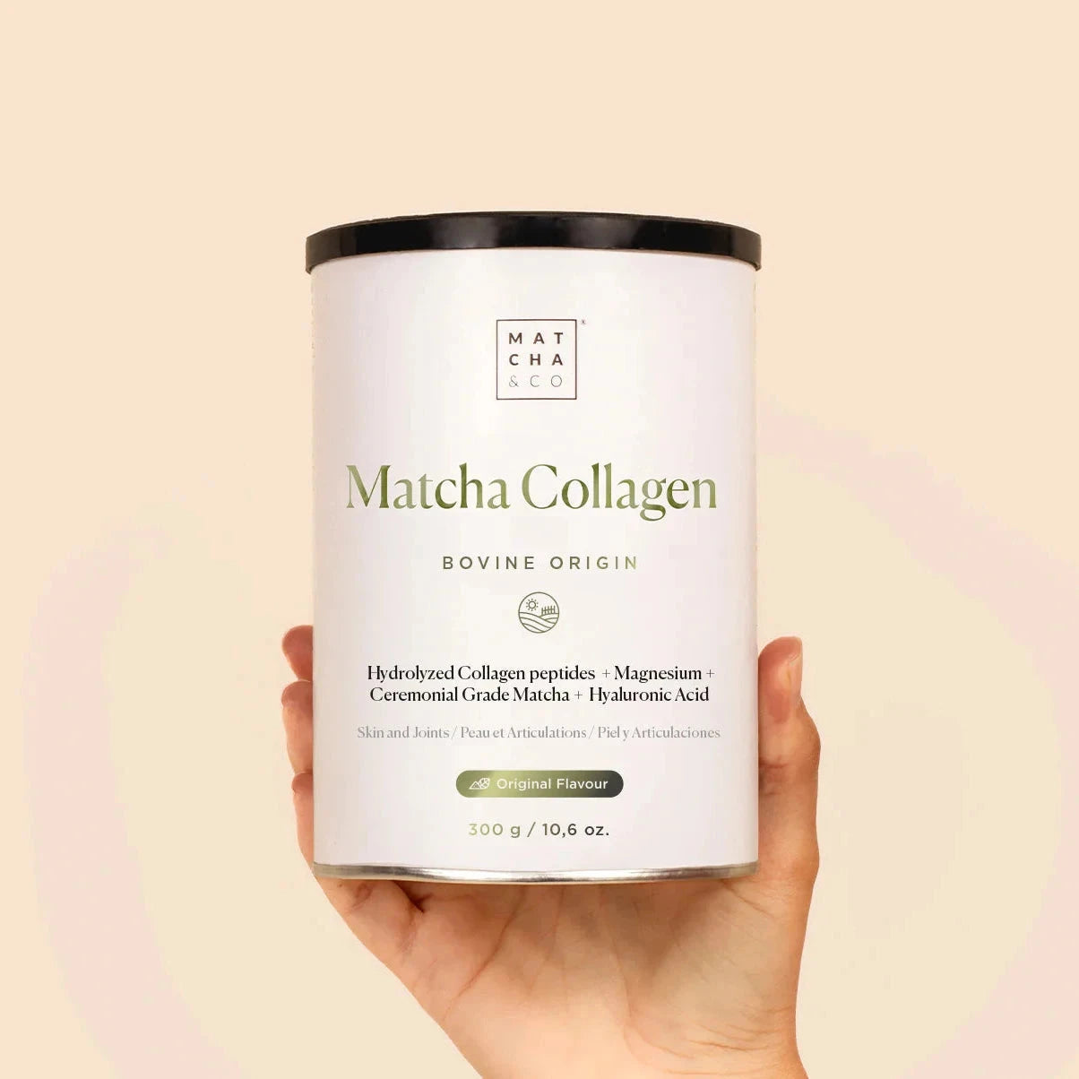 Matcha Collagene Bovine Origin von Matcha & CO wird in die Kamera gehalten.