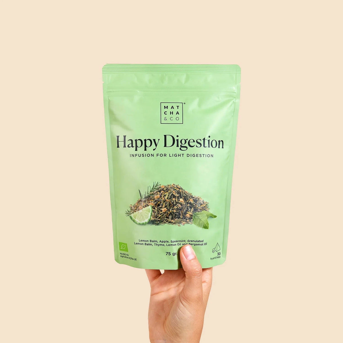 Happy Digestion Kräutertee von Matcha & Co in Bio-Qualität, Verpackung Vorderseite