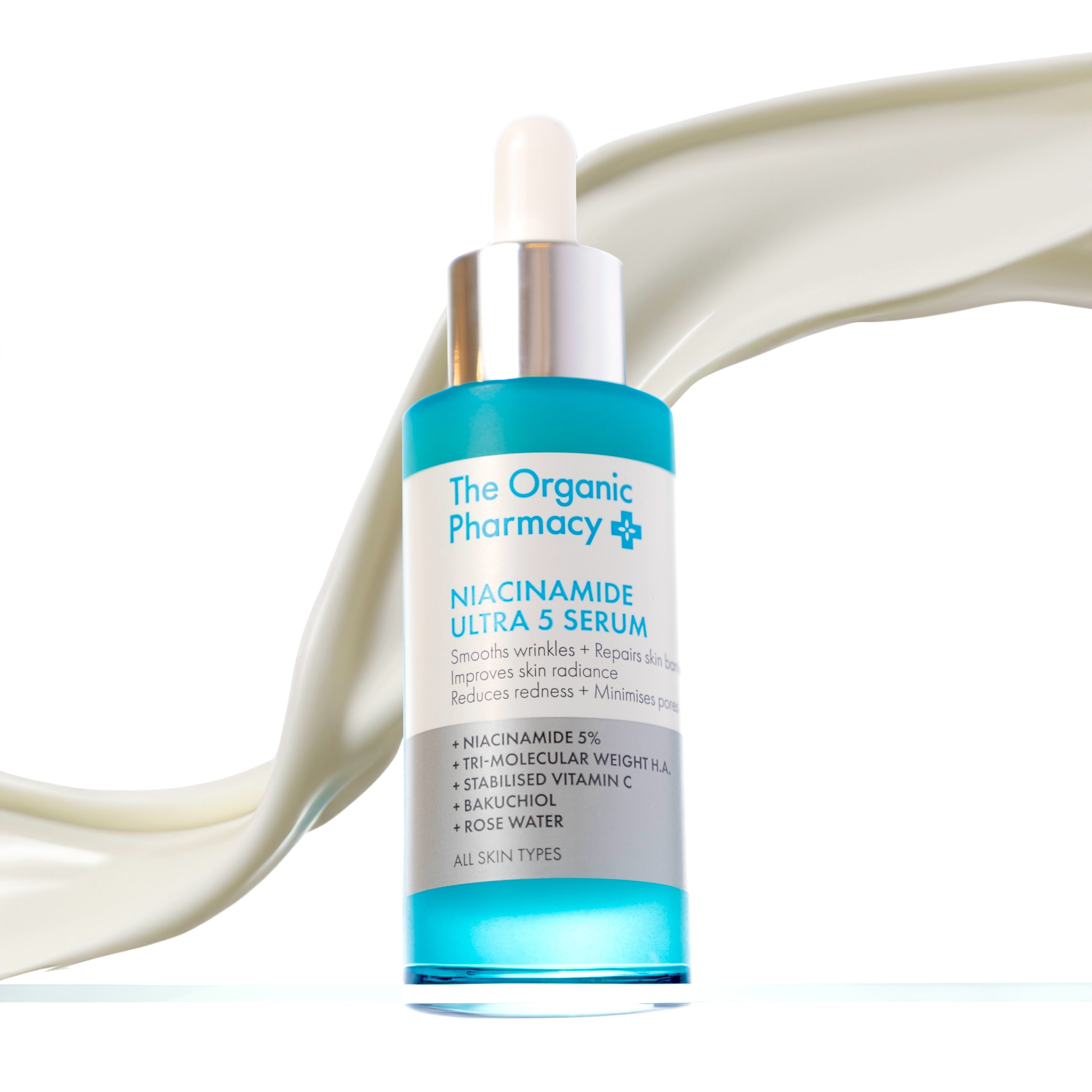 Niacinamide Ultra 5 Serum Flasche vor weißen Hintergrund mit Abbildung der Textur