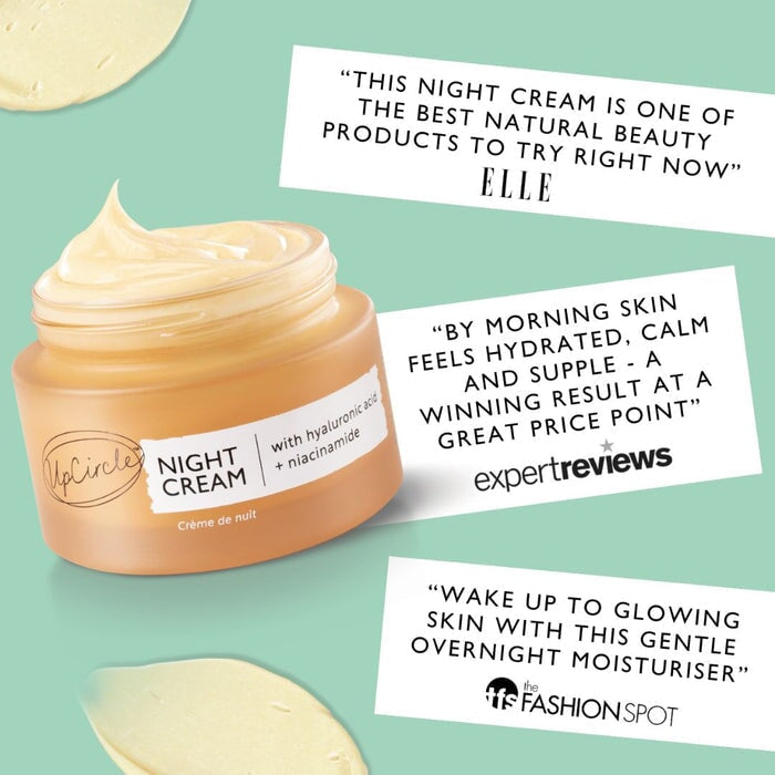 UpCircle Night Cream in Glas auf pastellfarbenem Hintergrund mit Inhaltsstoff-Vorteilen: feuchtigkeitsspendend, hautberuhigend, regenerierend.