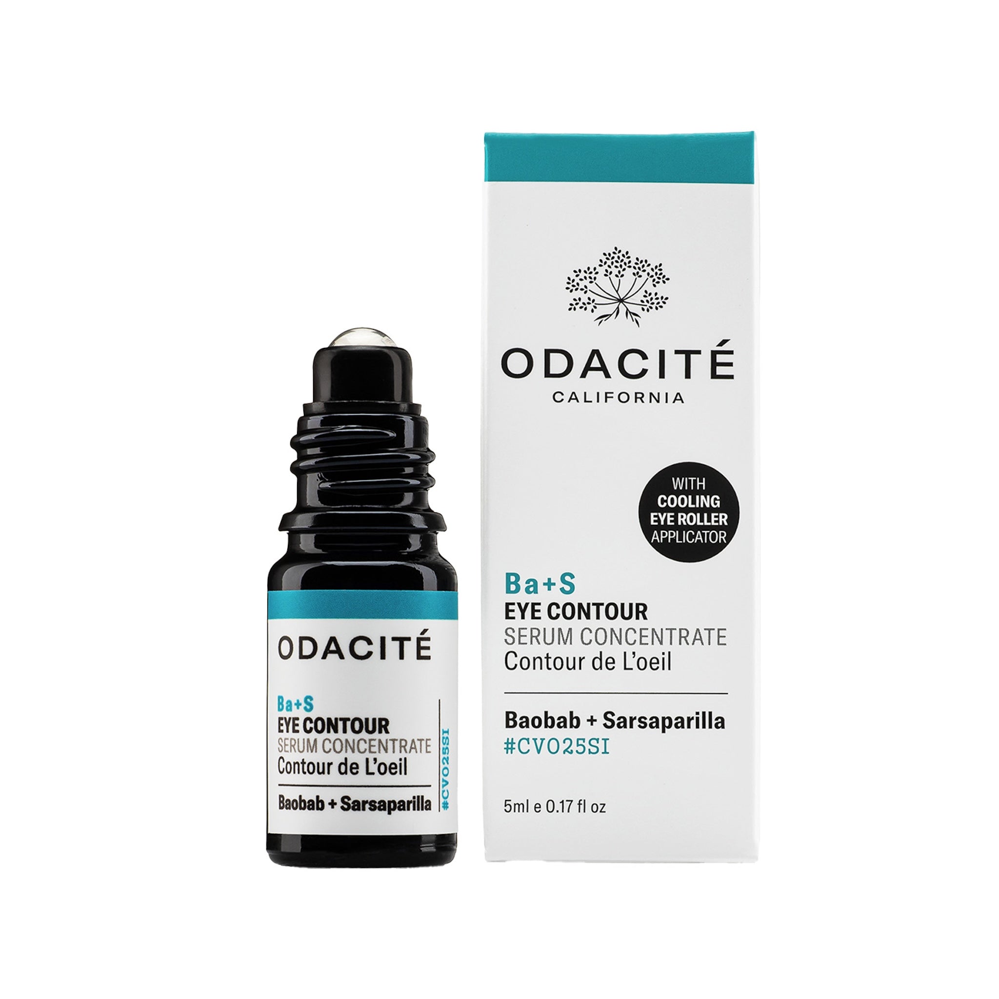 Odacité Ba+S Eye Contour Serum Concentrate mit kühlendem Rollerball-Applikator und Verpackung auf weißem Hintergrund