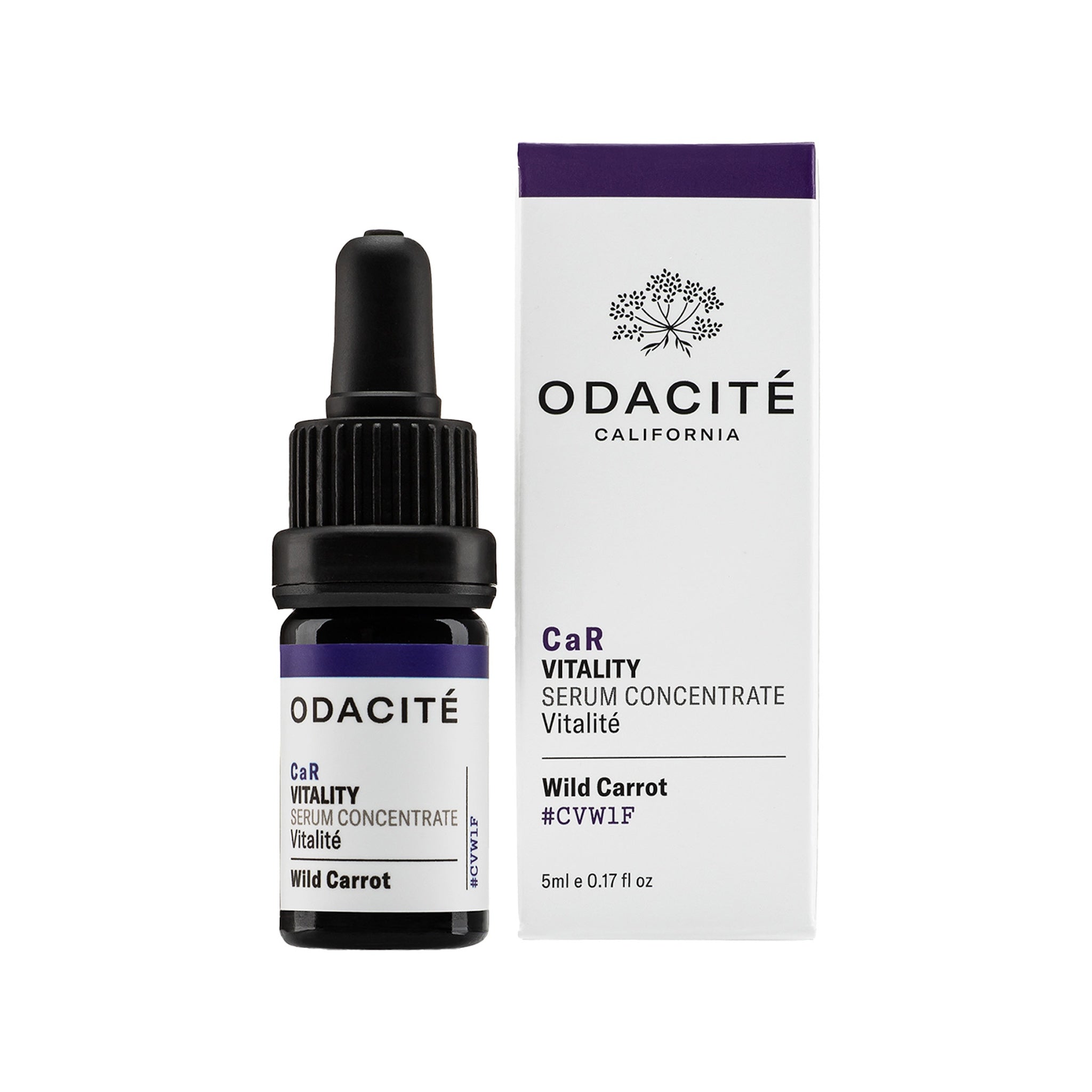 Odacité CaR Vitality Serum Concentrate mit Wild Carrot neben Produktverpackung auf weißem Hintergrund