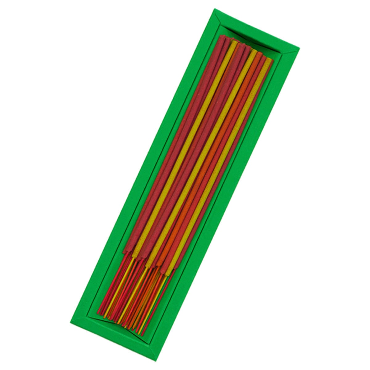 Räucherstäbchen in rot, orange und gelb in grüner Verpackung.