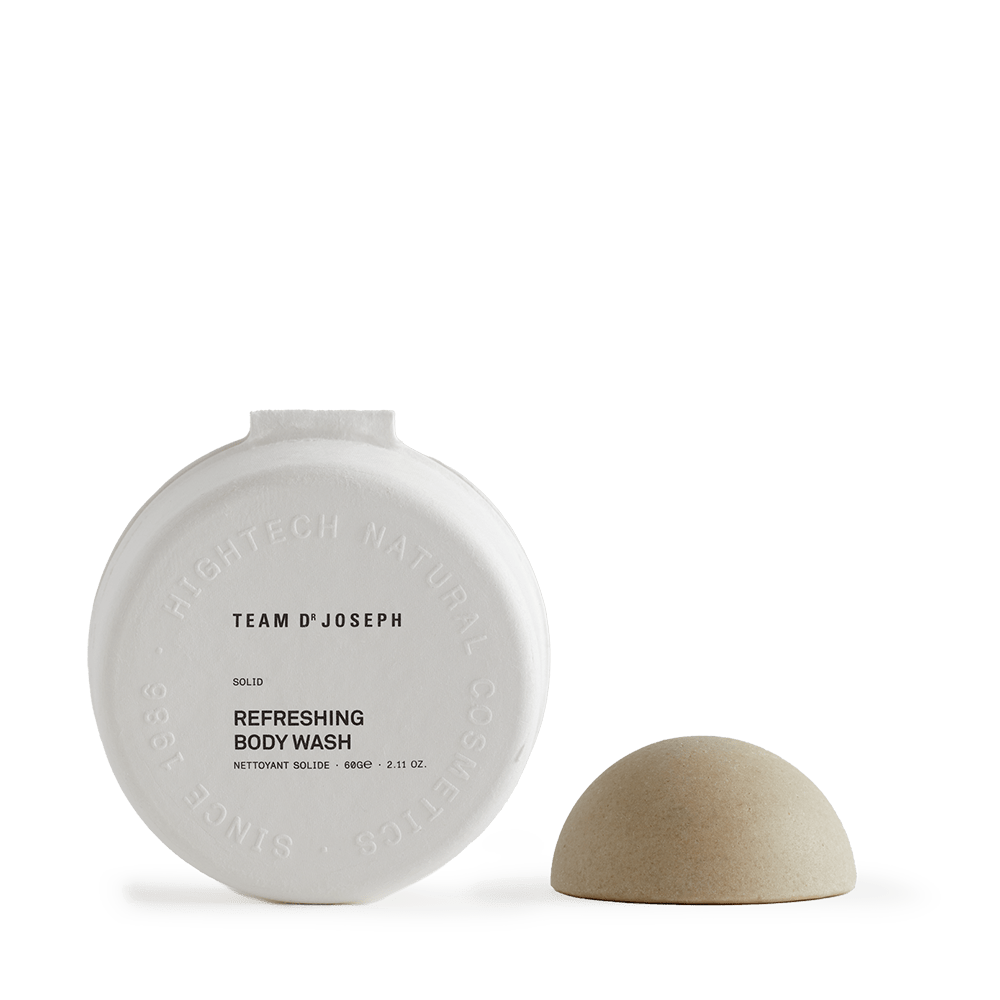 Refreshing Body Wash von Team Dr. Joseph – festes Duschgel auf weißem Hintergrund.
