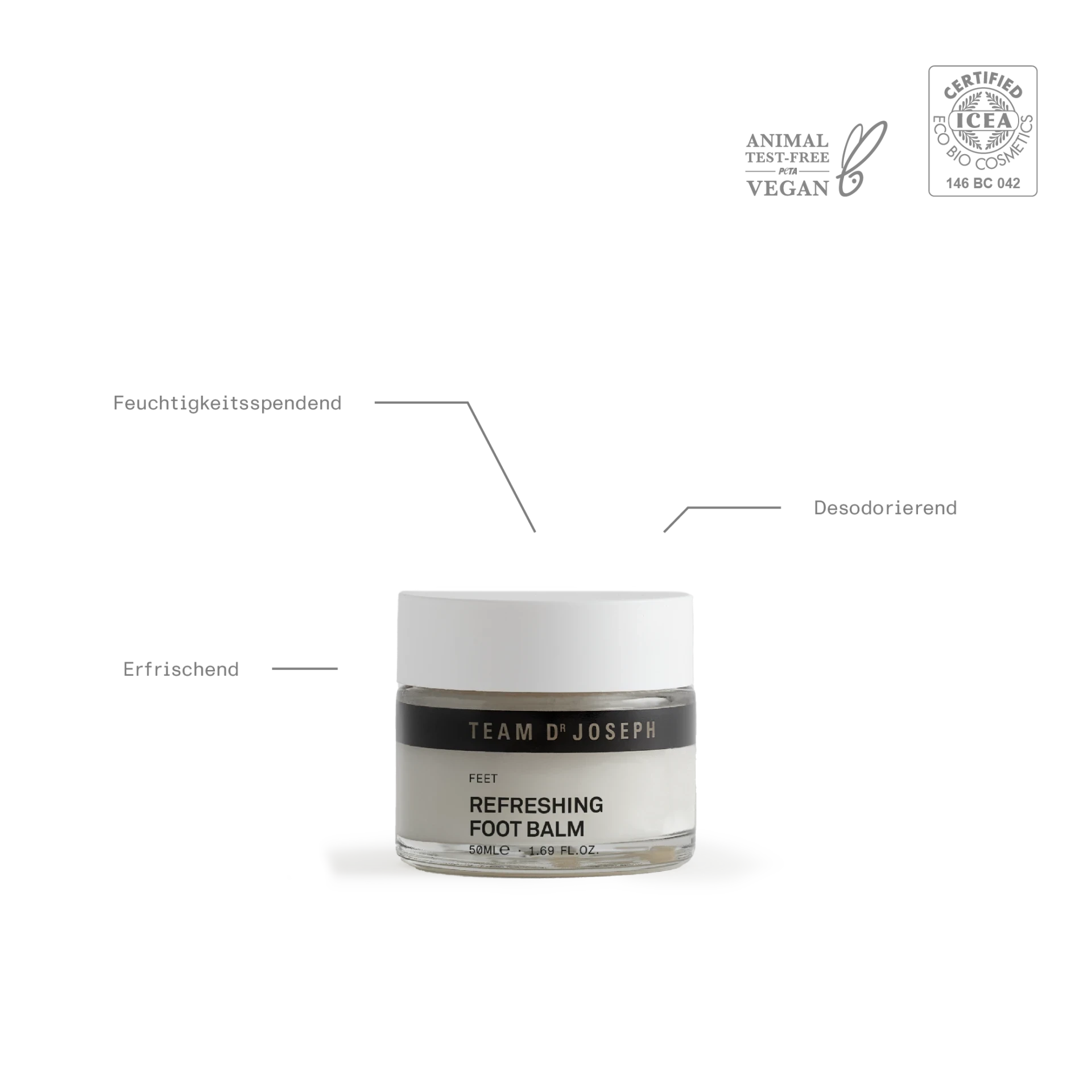 eleganter Glastiegel mit weißem Schraubdeckel und schwarzem Etikett, Team Dr Joseph Refreshing Foot Balm