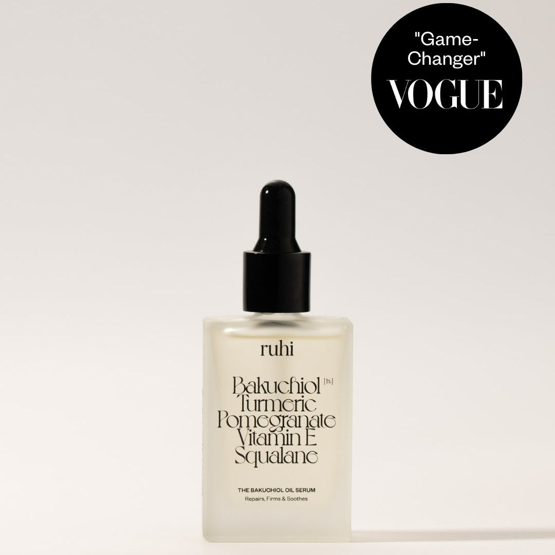 ruhi Bakuchiol Oil Serum mit Turmeric, Pomegranate, Vitamin E und Squalane – ausgezeichnet von Vogue, Elle und Grazia.