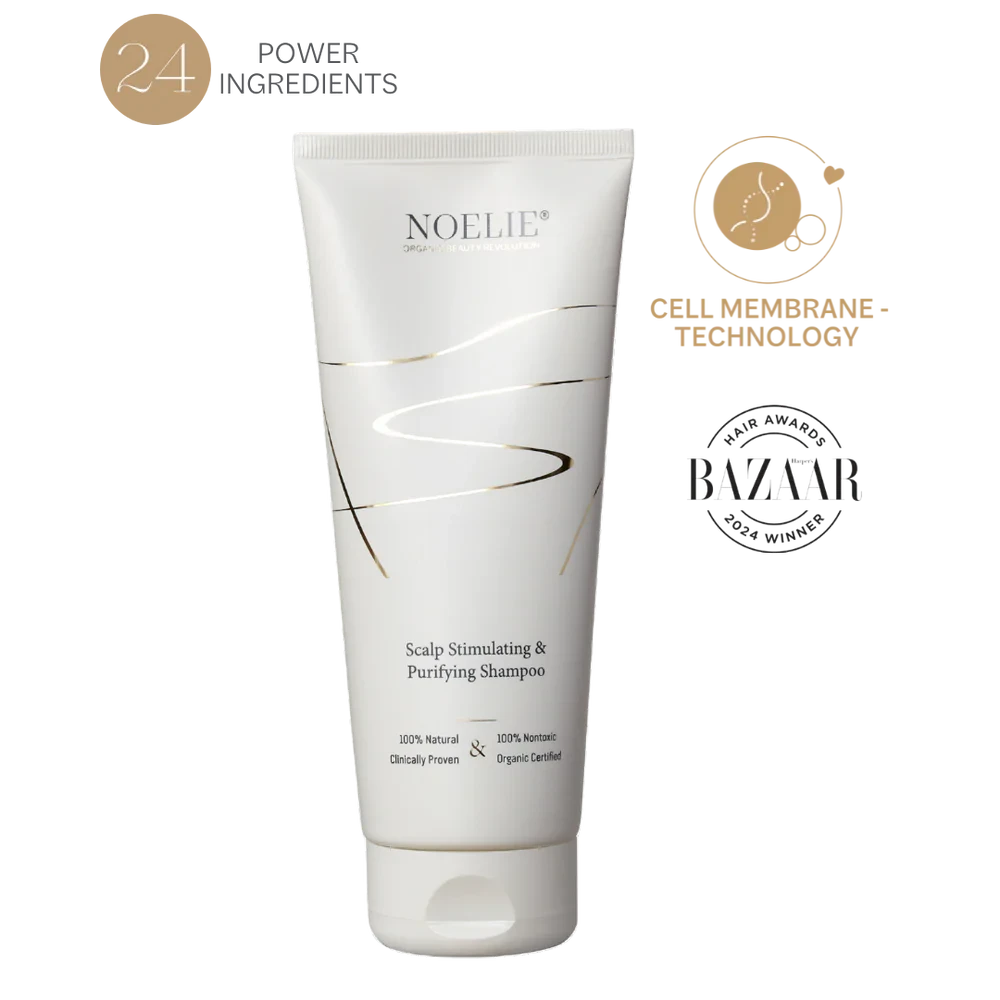 NOELIE Scalp Stimulating & Purifying Shampoo vor weißem Hintergrund.
