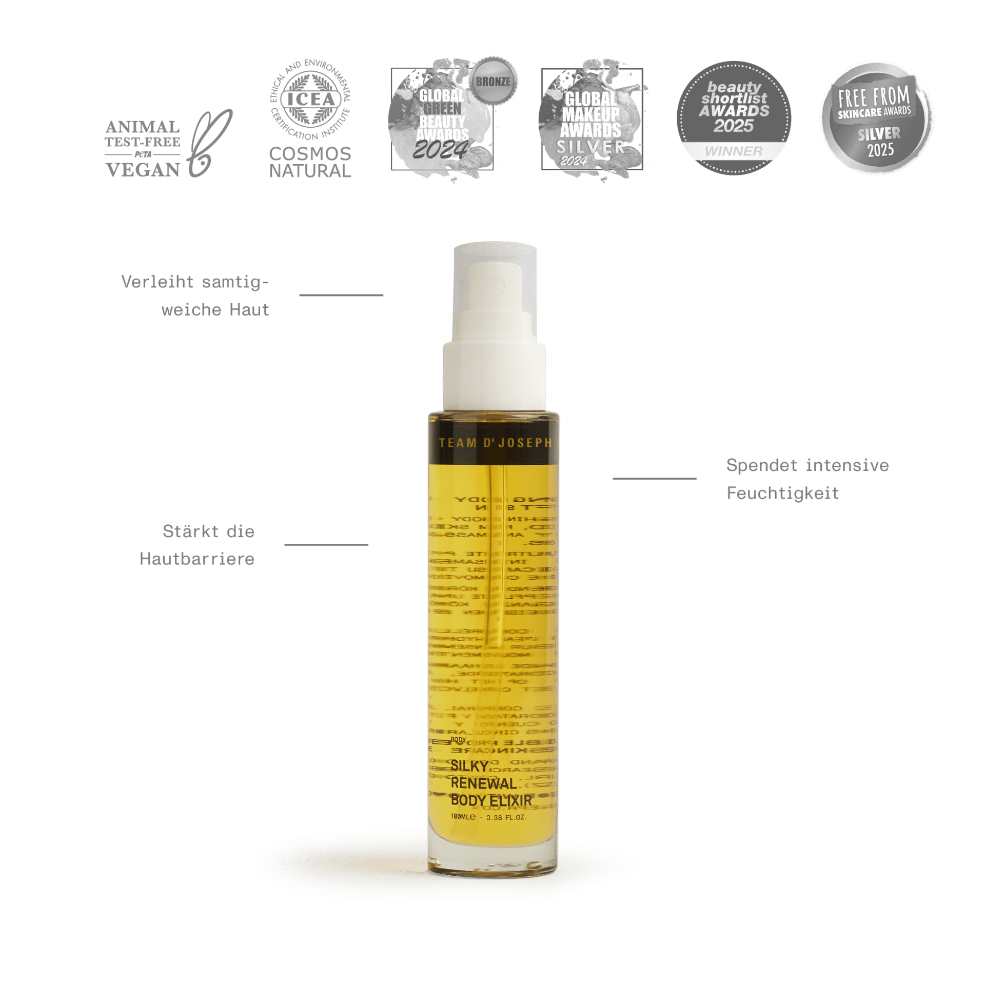 Silky Renewal Body Elixir von Team Dr Joseph – transparente Glasflasche mit goldfarbenem Öl