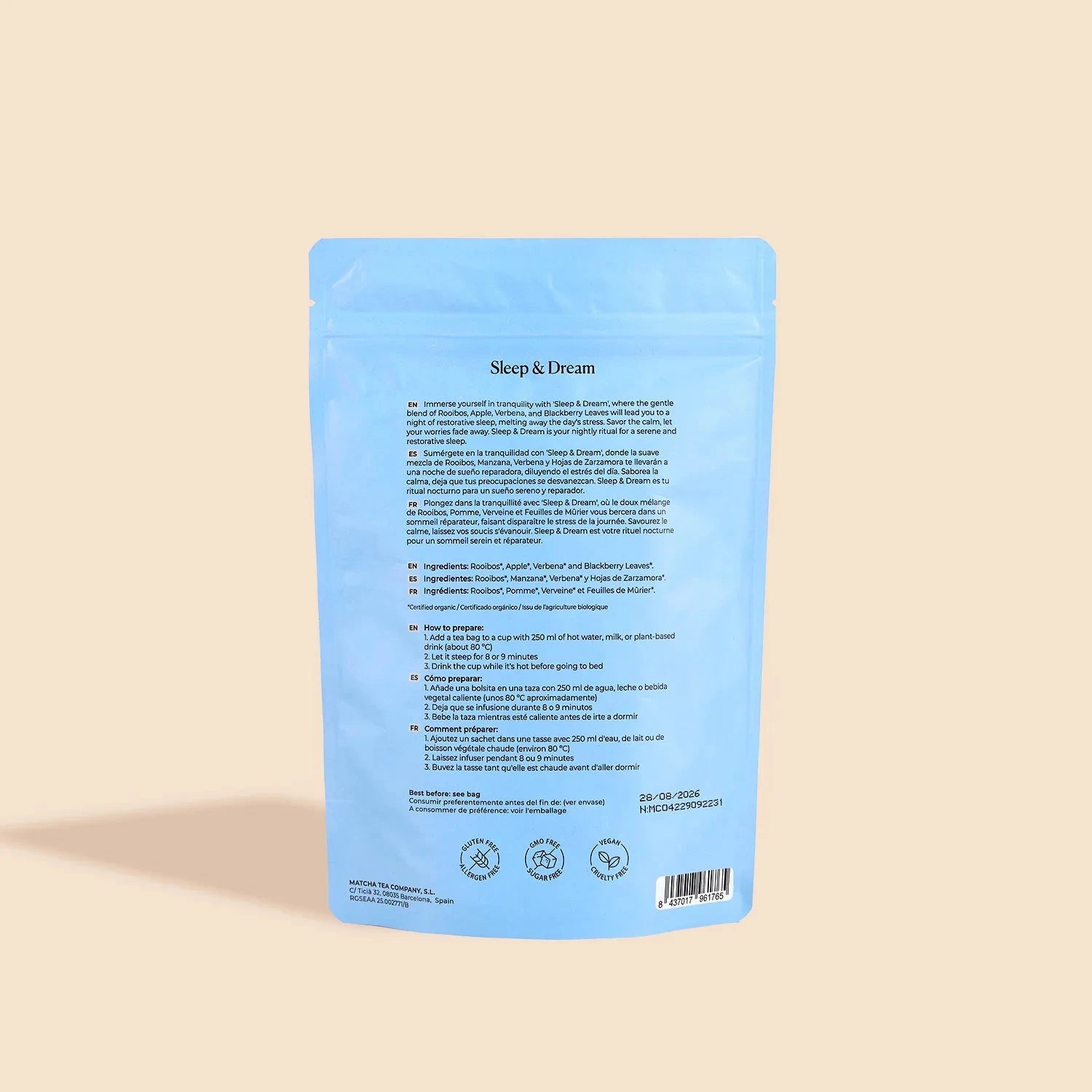 Rückseite Verpackung Sleep & Dream Kräutertee von Matcha & Co.