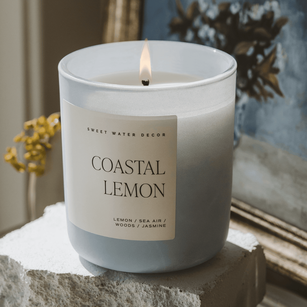 Coastal Lemon Sojawachskerze im blauen matten Glas – 15 oz Duftkerze