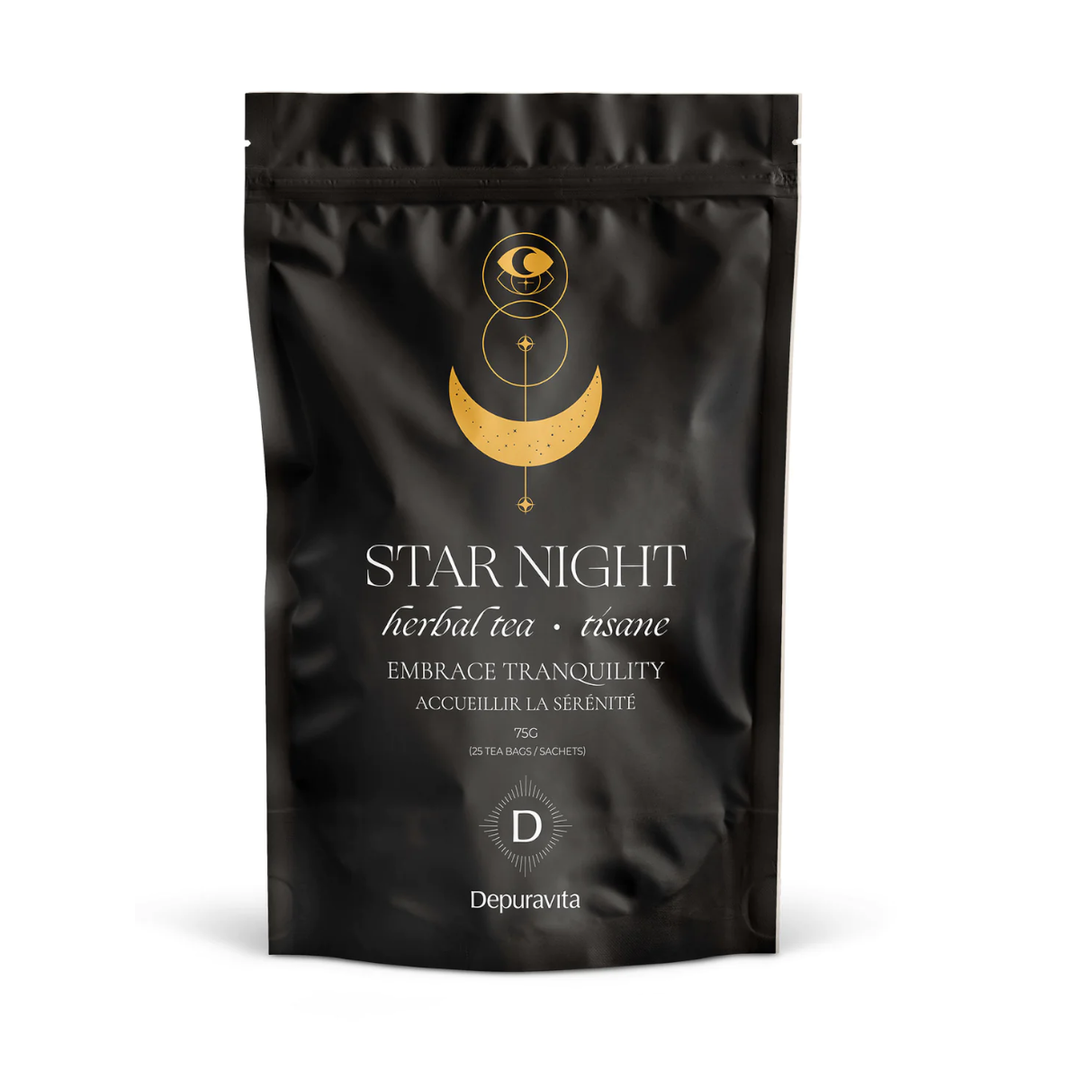 Depuravita Star Night Teepackung steht vor weißem Hintergrund. North Glow