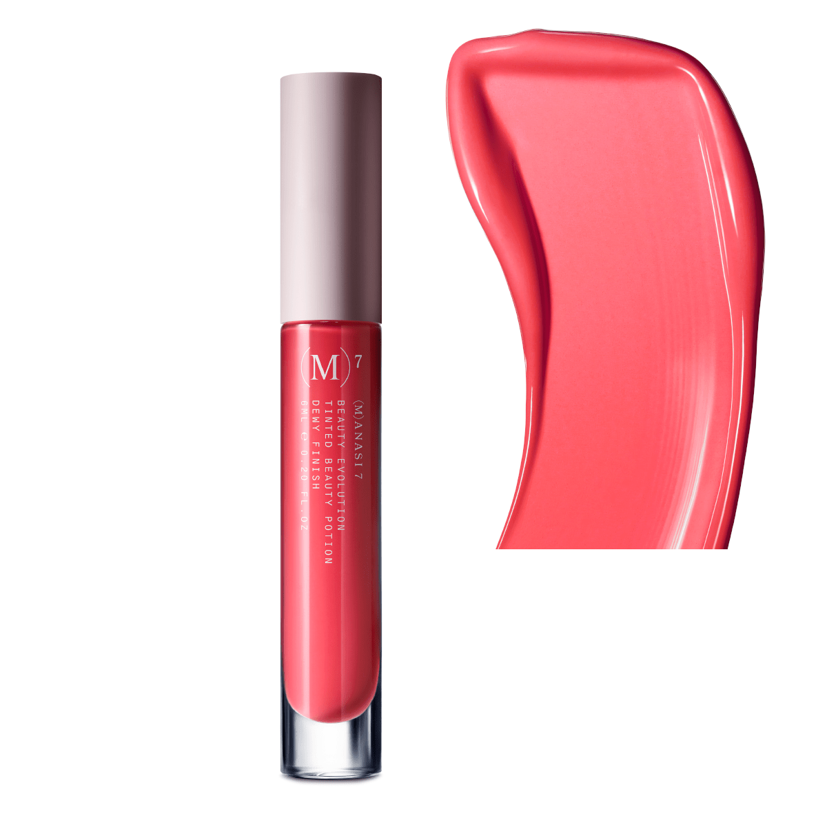 Farb- und Texturbeispiel Manasi 7 Tinted Beauty Potion Azalea neben dem Lipgloss.