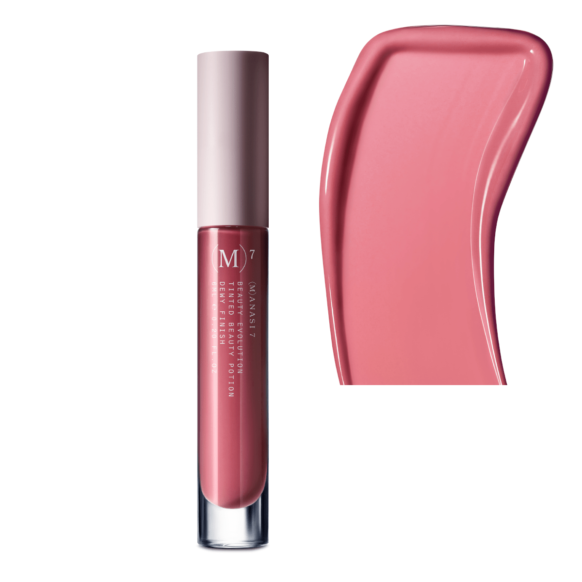 Farb- und Texturbeispiel Manasi 7 Tinted Beauty Potion IGAZI, neben dem dazugehörigem Lipgloss.