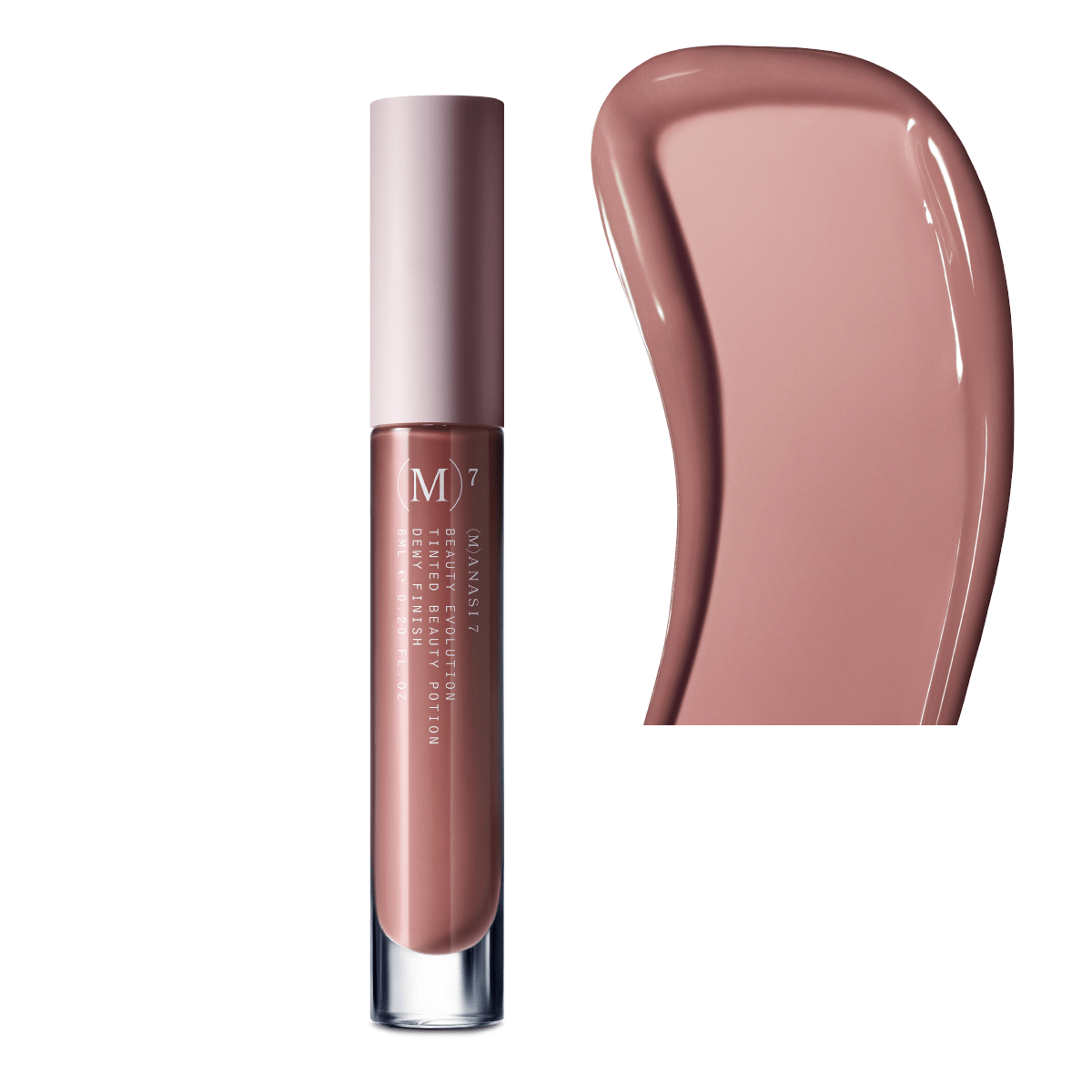 Farb- und Texturbeispiel Manasi 7 Tinted Beauty Potion SIMONKAI Lipgloss vor weißem Hintergrund.